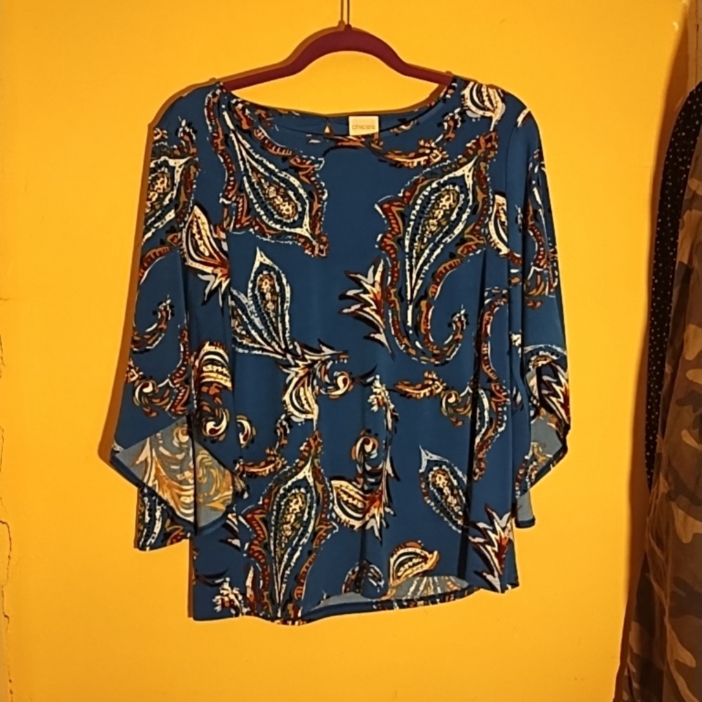 Chico's 0 blue Paisley tunic 3/4 flare/flutter Slvr round neck poly/Spndx - Picture 6 of 11